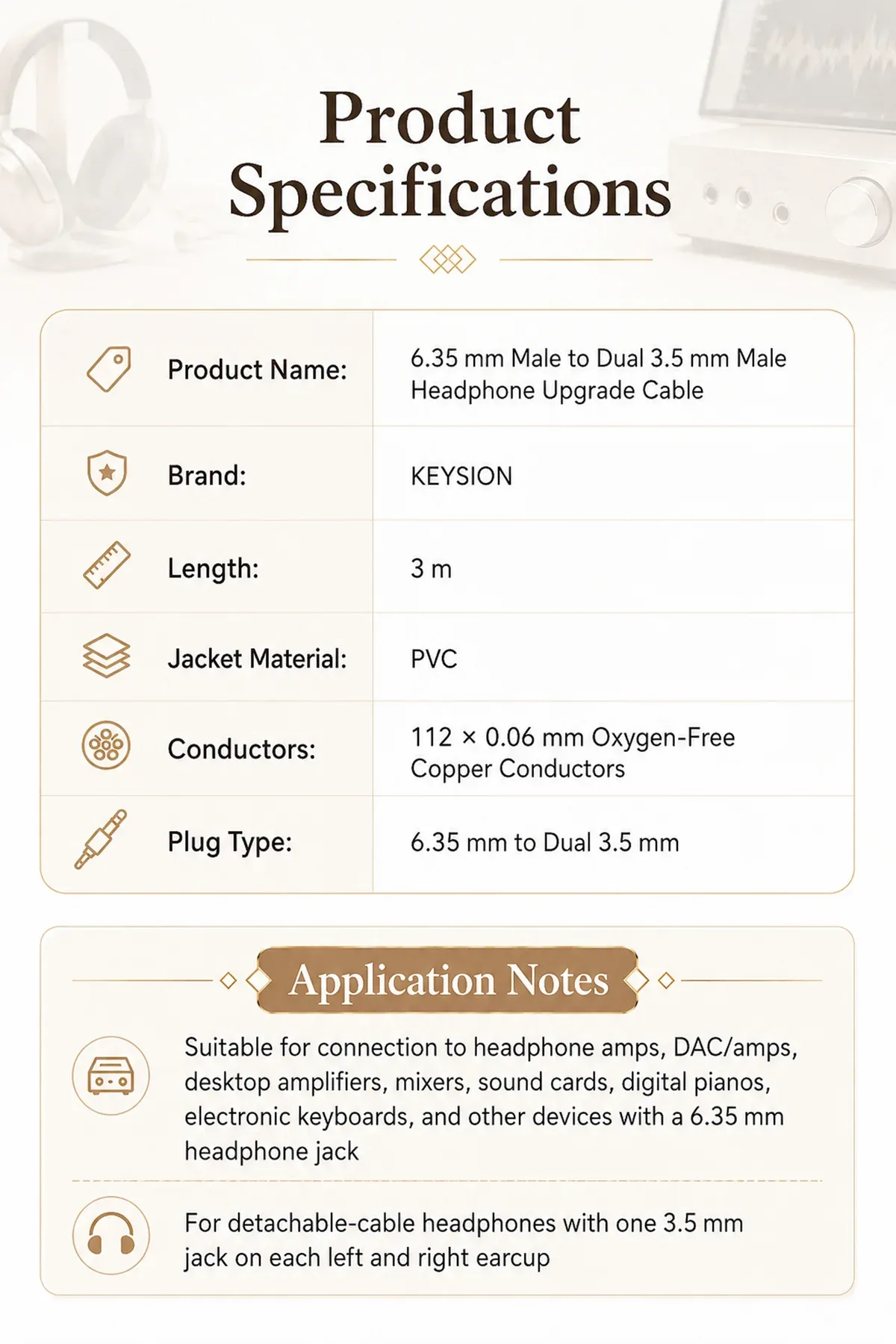 6.35mm Male to Dual 3.5mm Male HiFi Headphone Upgrade Cable 5