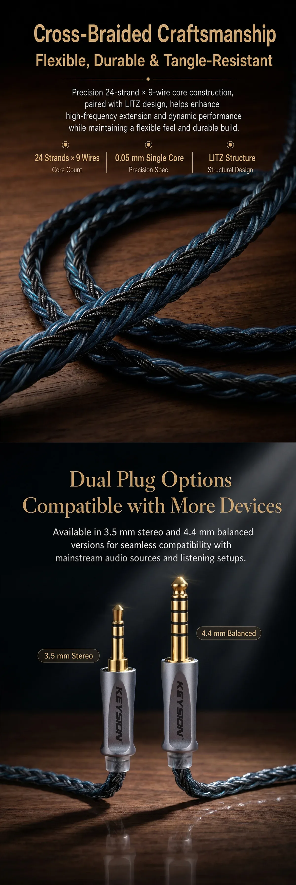 24-Core Blue-Gray Braided 5N OFC HiFi Earphone Upgrade Cable 5