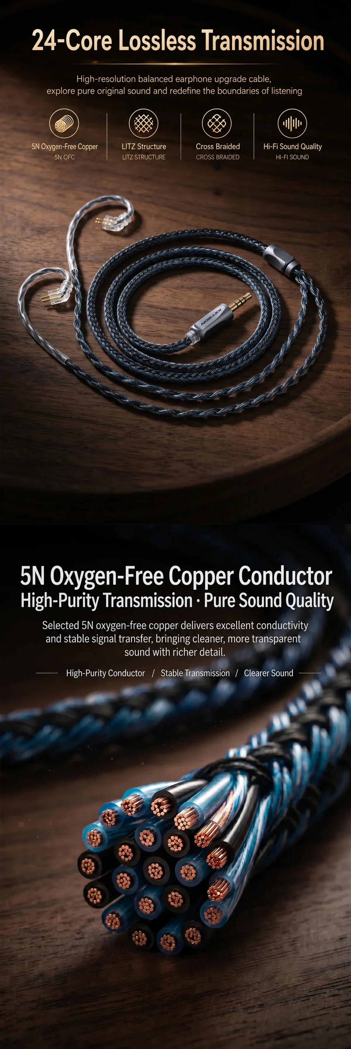 24-Core Blue-Gray Braided 5N OFC HiFi Earphone Upgrade Cable 1