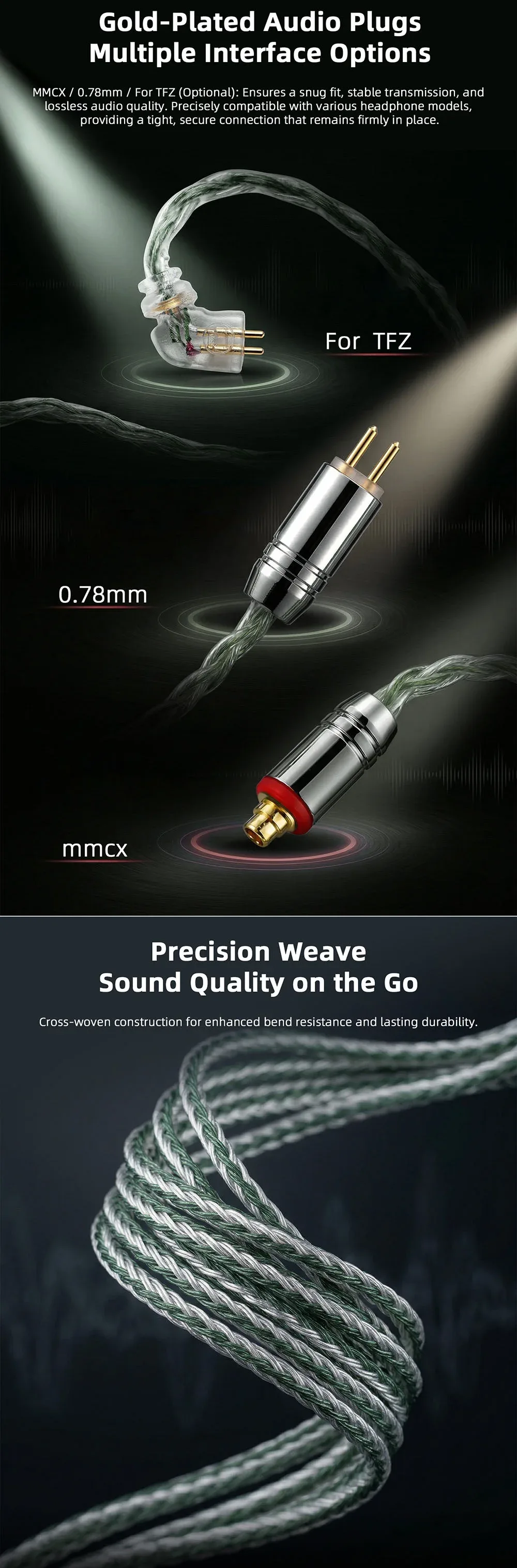16-core Green-Silver Mixed Braided OFC HiFi Earphone Upgrade Cable 2