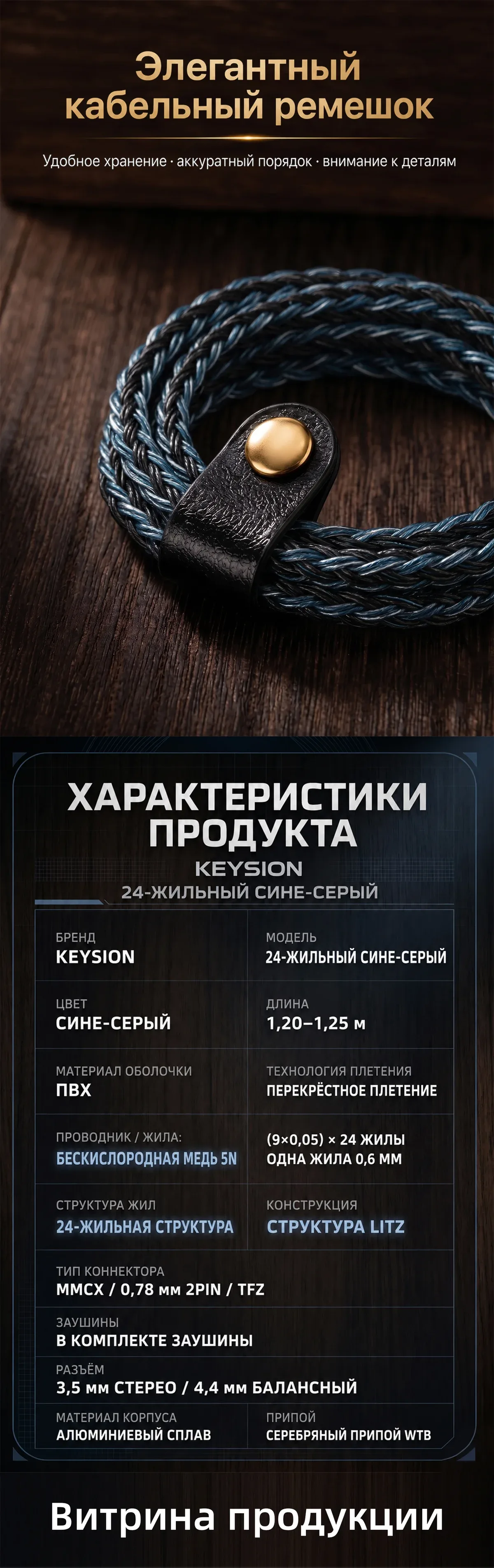 24-жильный сине-серый плетеный кабель из бескислородной меди 5N HiFi для наушников 9