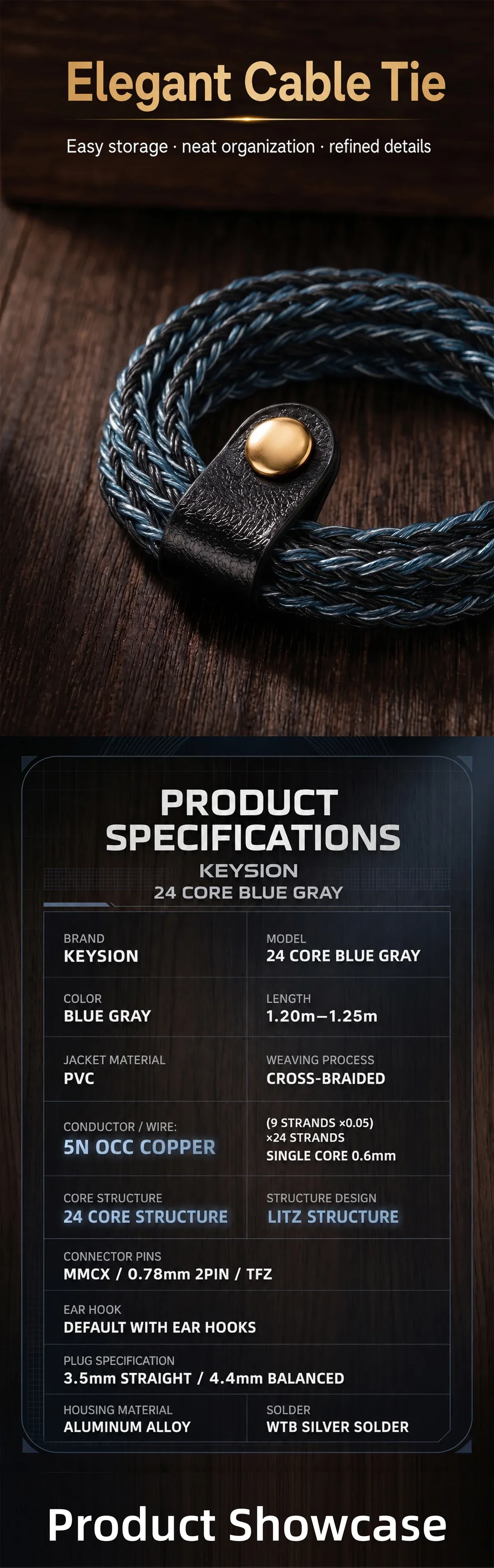 24-Core Blue-Gray Braided 5N OFC HiFi Earphone Upgrade Cable 9