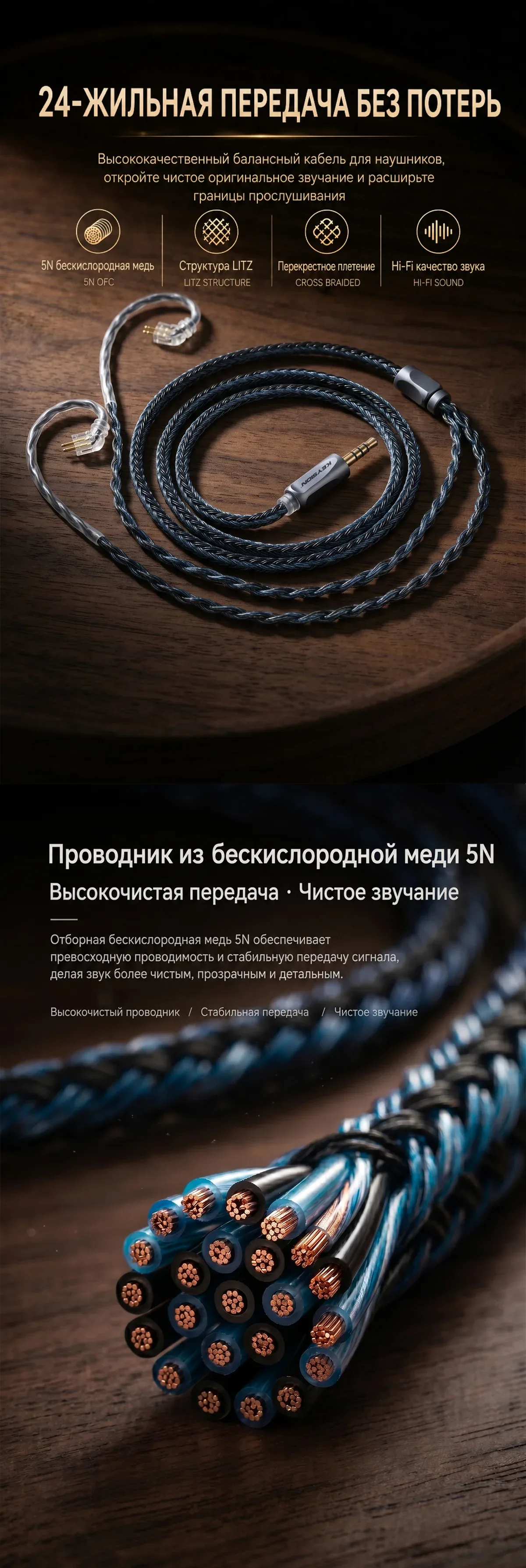 24-жильный сине-серый плетеный кабель из бескислородной меди 5N HiFi для наушников 1