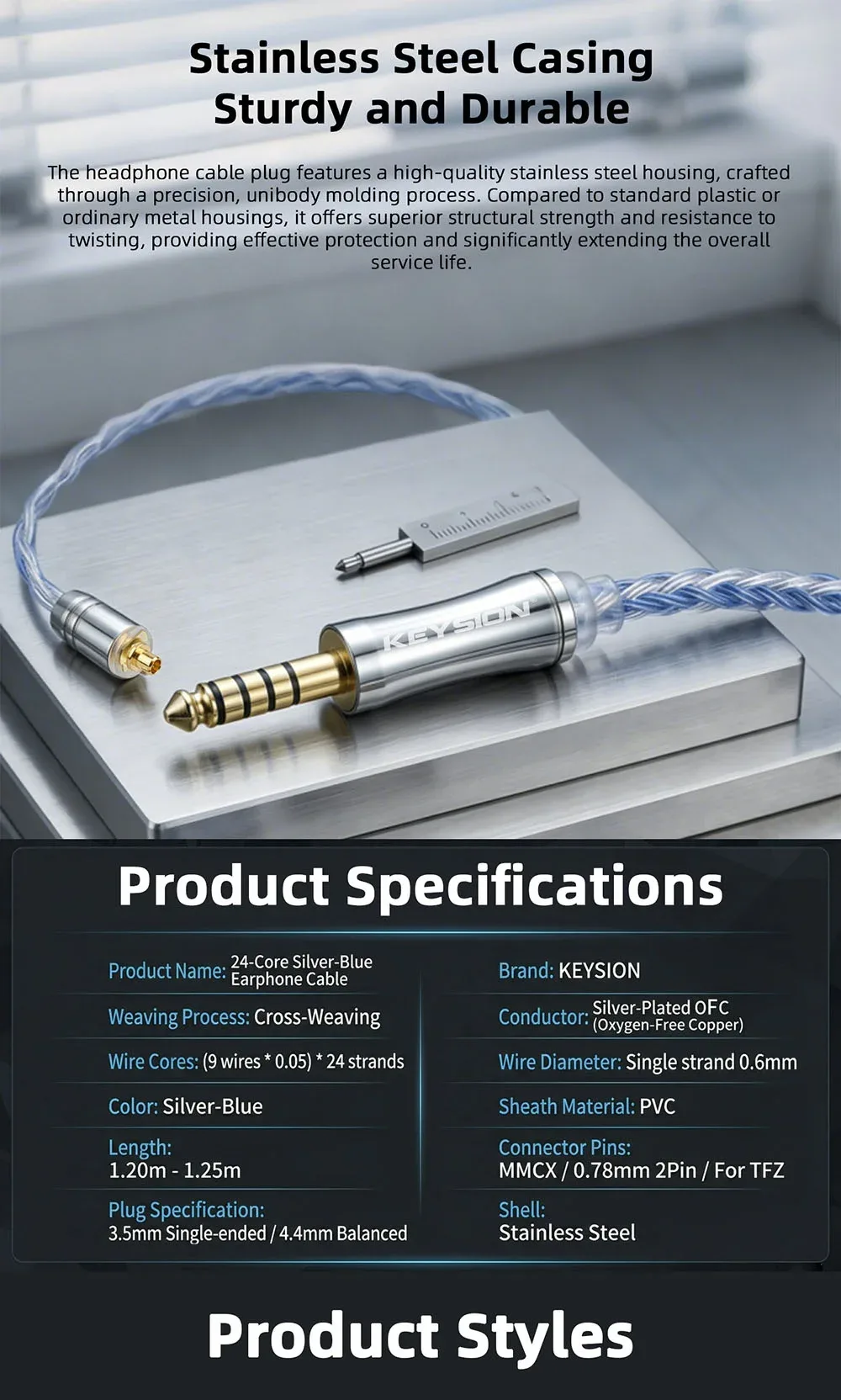 24-Core Blue-Silver Mixed Braided OFC HiFi Earphone Upgrade Cable 5