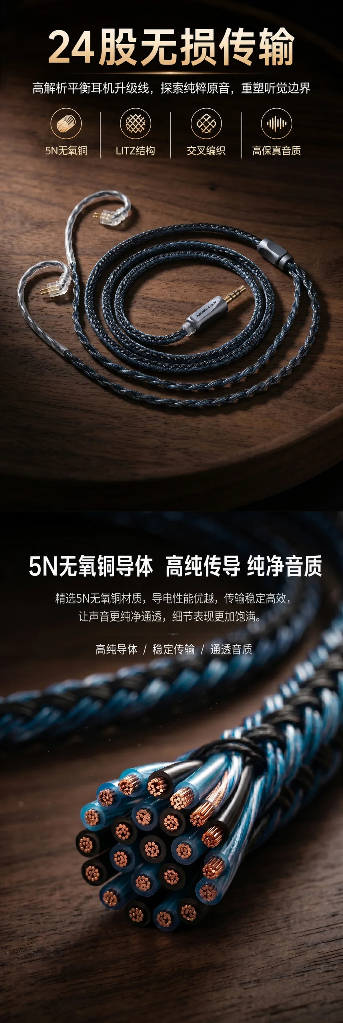 24股蓝灰混编5N无氧铜HiFi耳机升级线 1