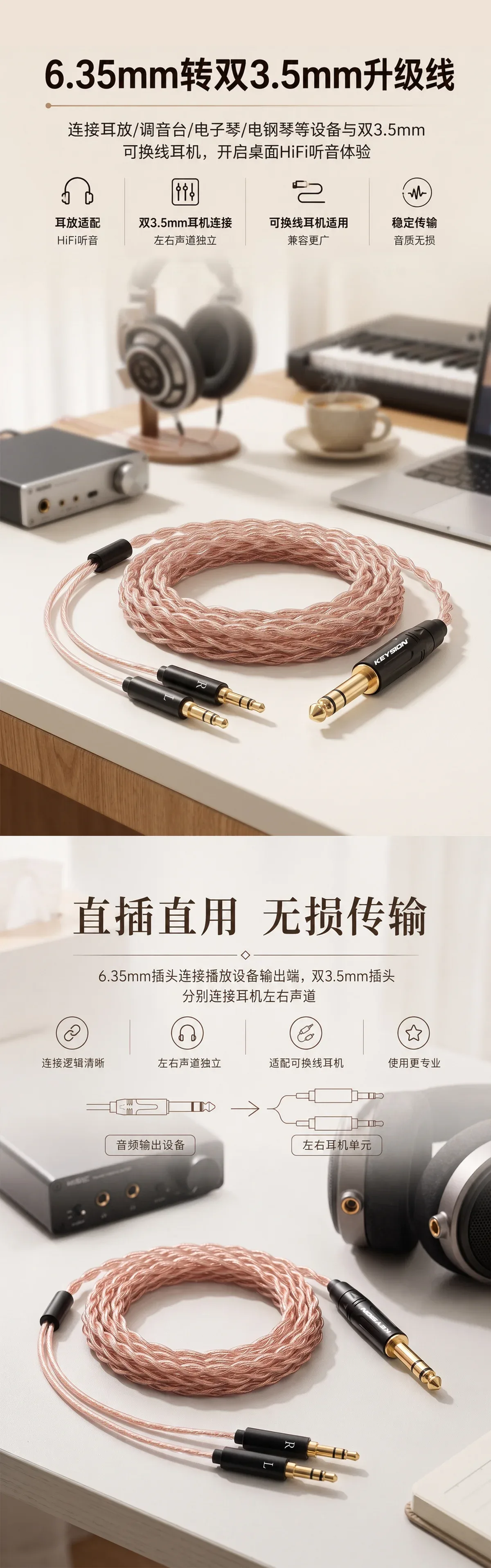 6.35mm公頭轉雙3.5mm公頭HiFi耳機升級線 1