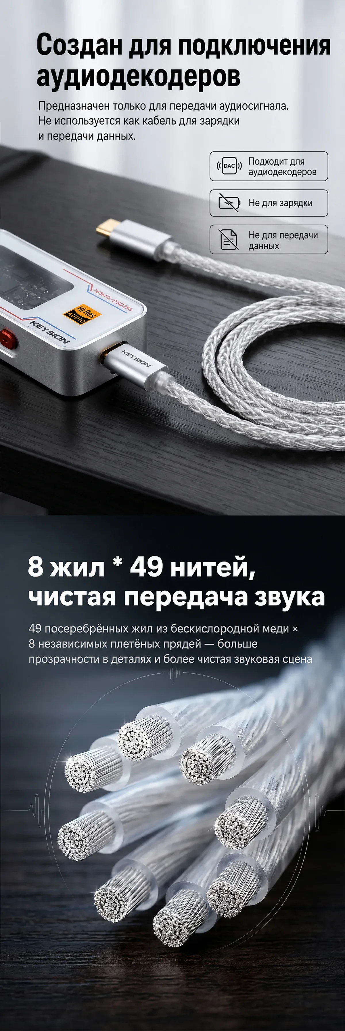 Кабель HiFi с двумя разъемами Type C, посеребренная бескислородная медь, OTG 2