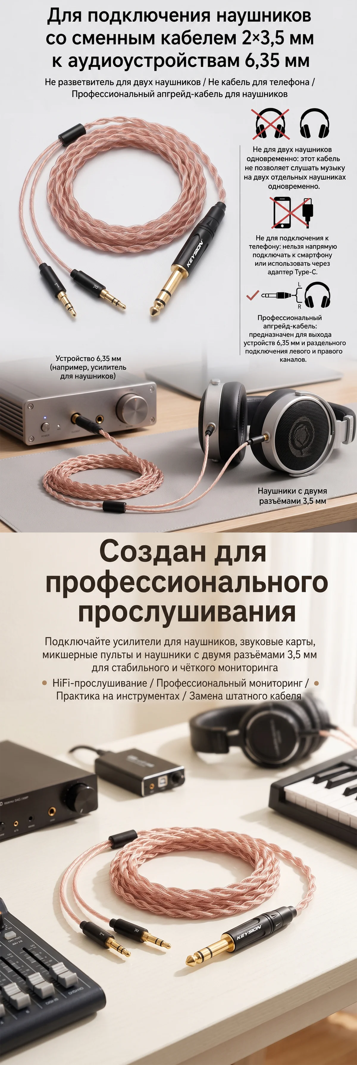 Кабель для апгрейда HiFi-наушников с разъемом 6.35mm (папа) на два 3.5mm (папа) 4